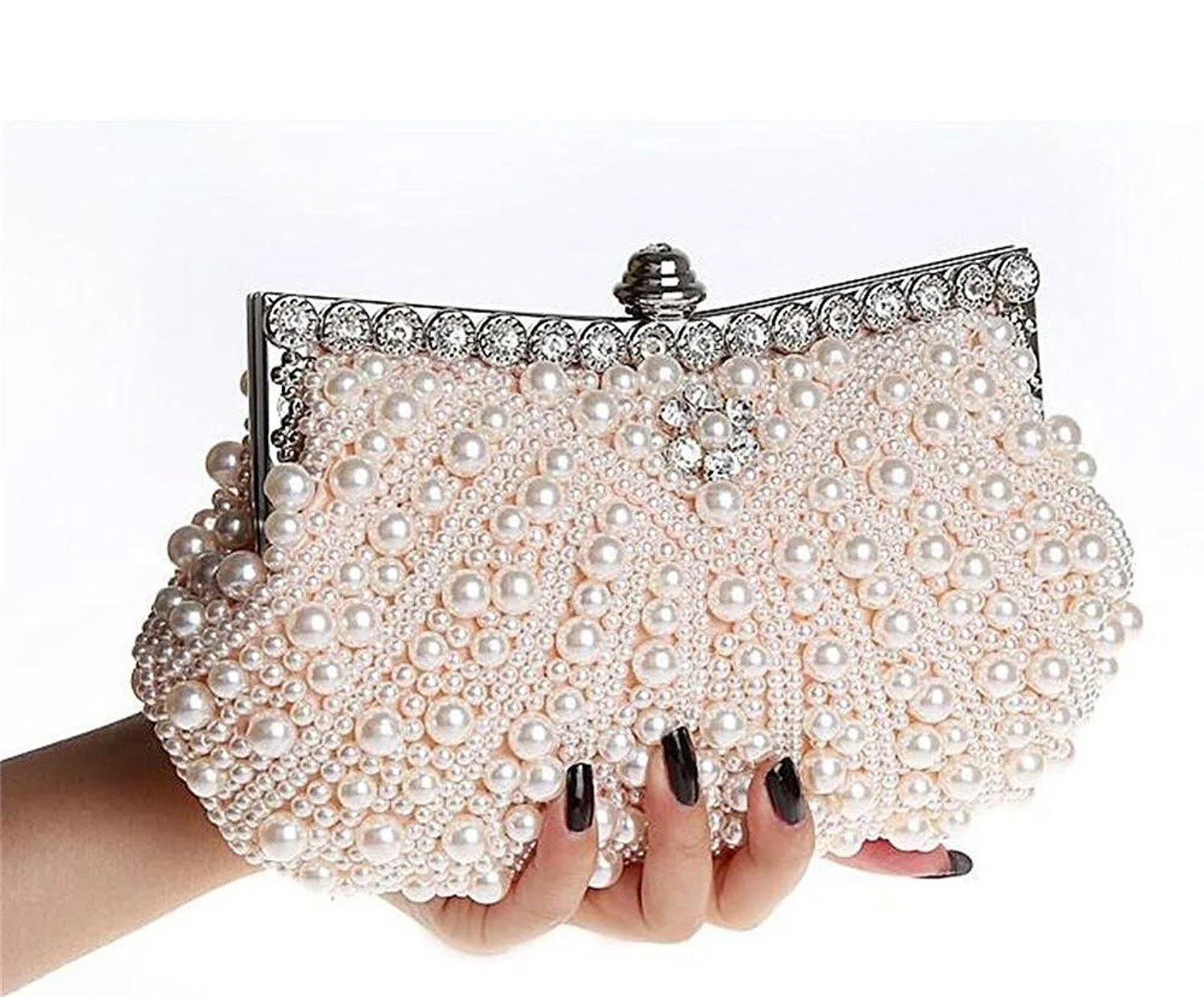 Womens Faux Pearl Cascading Bead Rhinestone Evening Clutch Fashion Purse|JaosWish