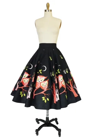 Wonderful 1950s Arts & Crafts Owl Print Cotton Circle Skirt