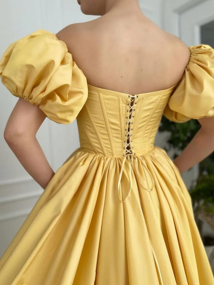 Yellow A line satin long prom dress, yellow evening dress