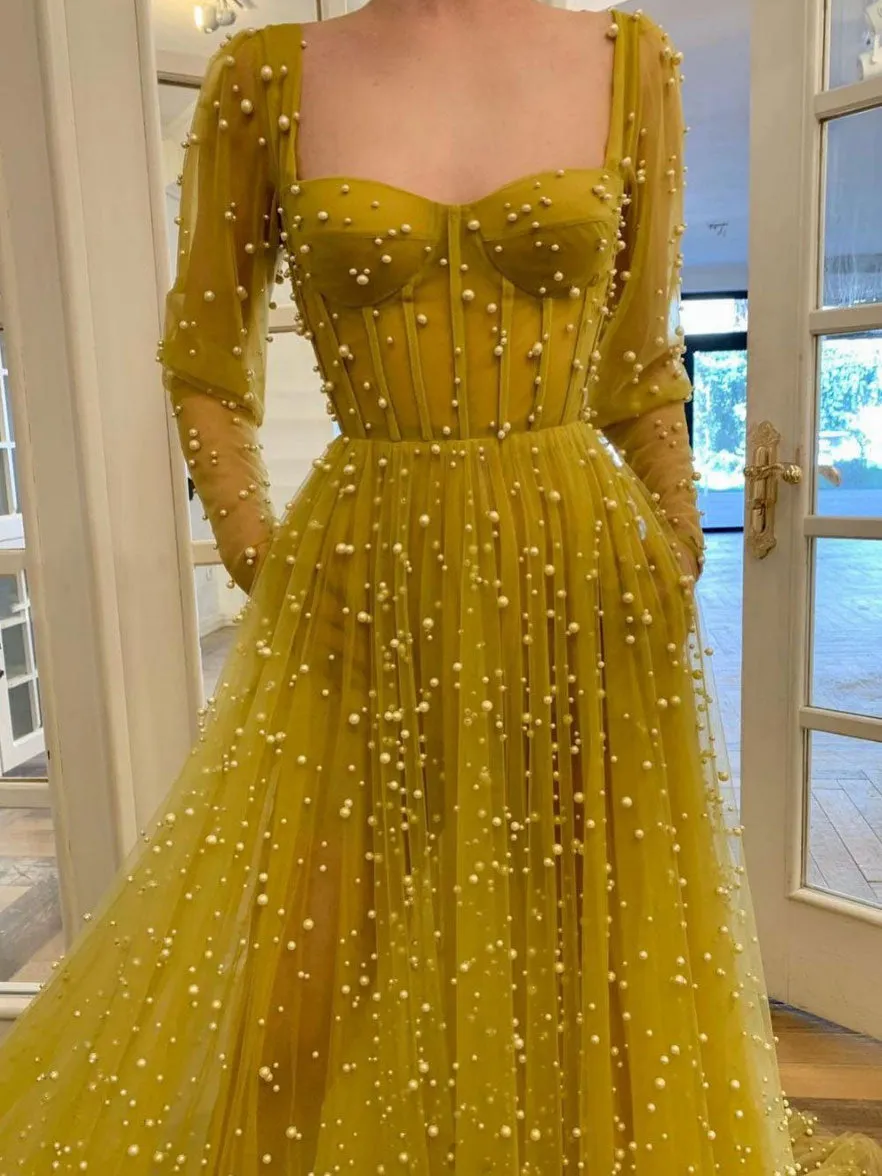 Yellow sweetheart tulle beads long prom dress, yellow evening dress