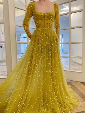 Yellow sweetheart tulle beads long prom dress, yellow evening dress