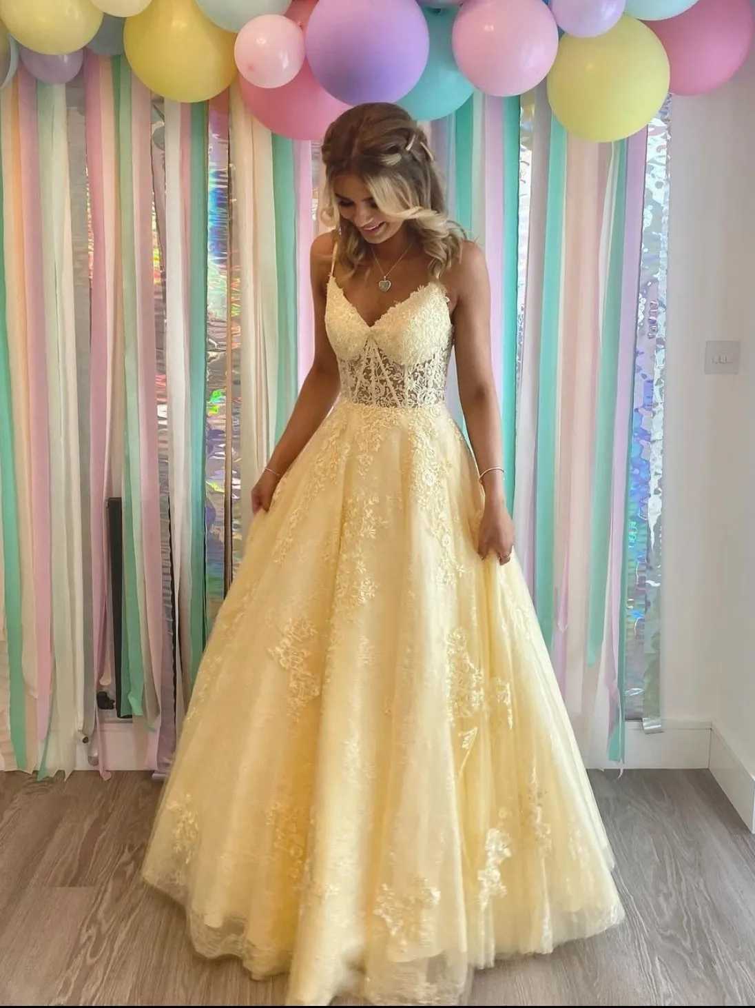 Yellow v neck tulle lace long prom dress, yellow formal dress